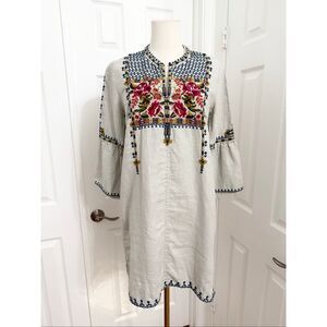 Johnny Was Womens Light Gray Axon Linen Floral Embroidered Tunic Dress XS Axton